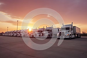 A row of semi trucks at the parking lot the transportation industry - Ai Generated