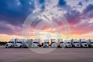 A row of semi trucks at the parking lot the transportation industry - Ai Generated