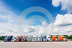 A row of semi trucks at the parking lot the transportation industry - Ai Generated