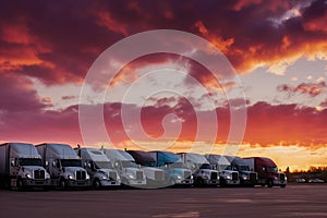 A row of semi trucks at the parking lot the transportation industry - Ai Generated