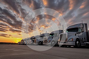 A row of semi trucks at the parking lot the transportation industry - Ai Generated