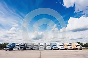 A row of semi trucks at the parking lot the transportation industry - Ai Generated