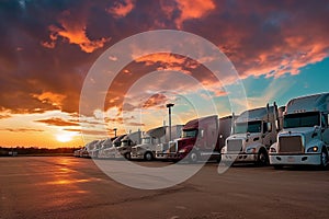 A row of semi trucks at the parking lot the transportation industry - Ai Generated