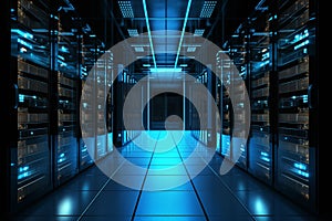 Row of server rack cabinets in a modern data center with glowing lights