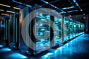 A row of servers in a data center, efficiently storing and processing data to support high-performance computing., Row of network