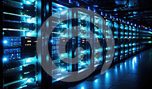 A row of servers in a data center. Generative AI image.