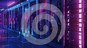 Row of servers in data center. Useful for technology concepts