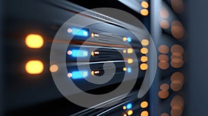 A row of servers with glowing lights.