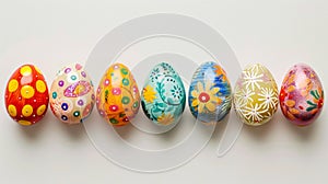 A row of seven vibrant, intricately decorated Easter eggs displayed on a textured surface