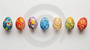 A row of seven vibrant, intricately decorated Easter eggs displayed on a textured surface