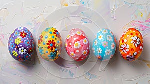 A row of seven vibrant, intricately decorated Easter eggs displayed on a textured surface