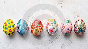 A row of seven vibrant, intricately decorated Easter eggs displayed on a textured surface