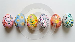 A row of seven vibrant, intricately decorated Easter eggs displayed on a textured surface