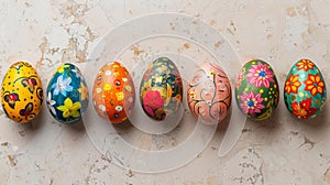 A row of seven vibrant, intricately decorated Easter eggs displayed on a textured surface