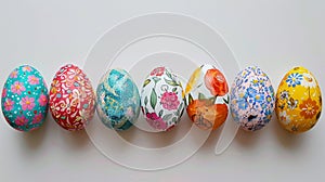 A row of seven vibrant, intricately decorated Easter eggs displayed on a textured surface