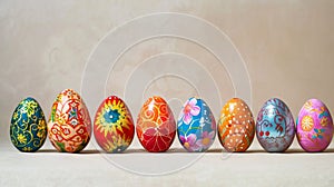 A row of seven vibrant, intricately decorated Easter eggs displayed on a textured surface