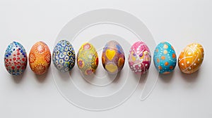 A row of seven vibrant, intricately decorated Easter eggs displayed on a textured surface