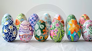 A row of seven vibrant, intricately decorated Easter eggs displayed on a textured surface