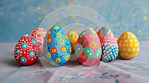 A row of seven vibrant, intricately decorated Easter eggs displayed on a textured surface