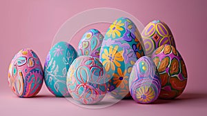 A row of seven vibrant, intricately decorated Easter eggs displayed on a textured surface