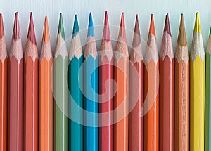 Row of Sharpened Colored Pencils Against a White Background