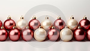 A row of shiny gold Christmas ornaments in vibrant colors generated by AI