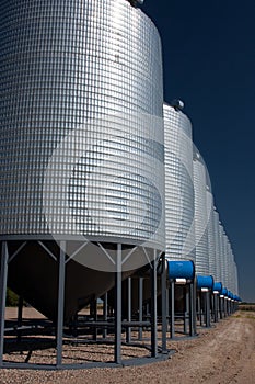 A row of shiny, steel grain silos in a field
