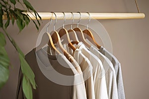 a row of shirts hanging on a clothes rack next to a potted plant and a wooden hanger with three different colored shirts hanging