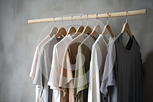 a row of shirts hanging on a clothes rack with a wooden hanger in front of it and a gray wall in the back ground