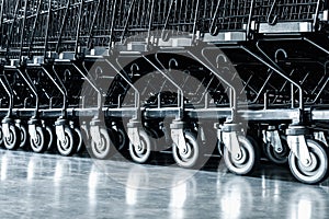 Row of Shopping Cart and Area Handling in Supermarket Store, Roller of Trolley in Department Shop. Business Consumer Services and