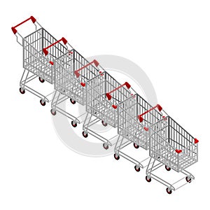 Row of shopping carts. Many shopping trolley isometrics