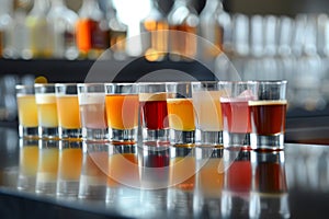 Row of Shot Glasses Filled With Different Colored Drinks