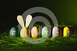 Row of six colorful pastel monophonic painted Easter eggs with inscription Easter, fun bunny ears on egg in green grass