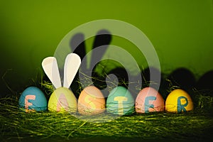 Row of six colorful pastel monophonic painted Easter eggs with inscription Easter, fun bunny ears on egg in green grass