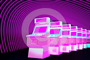 row of slot machines in purple neon