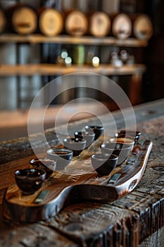 Row of Cups on Wooden Table photo