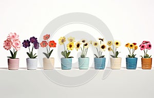 a row of small wooden pots that contain flowers