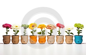 a row of small wooden pots that contain flowers