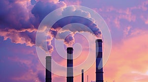 A row of smokestacks belching out white clouds against a backdrop of a vibrant purple and pink sky photo