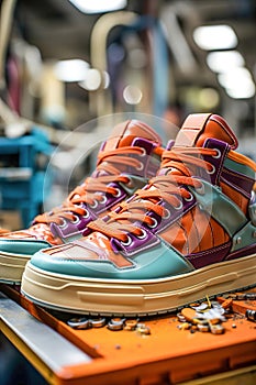 A row of sneakers in production line in big Asian shoe factory