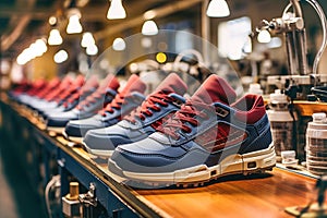 A row of sneakers in production line in big Asian shoe factory