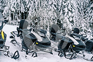 Row of snowmobiles stands on the snow at the edge of the forest
