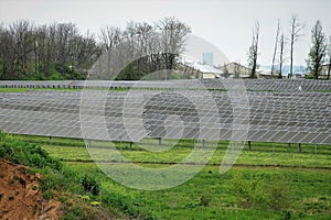 A row of solar panels stand on green field a symbol of clean energy concern for the environment