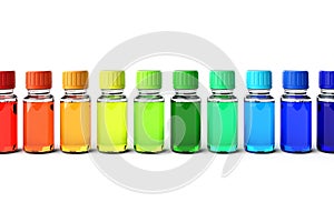 Row of sorted dropper bottles in spectrum colors