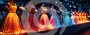 Row of sparkling LED light-embellished costumes on display, showcasing futuristic fashion with a dazzling array of vibrant