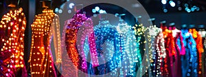 Row of sparkling LED light-embellished costumes on display, showcasing futuristic fashion with a dazzling array of vibrant