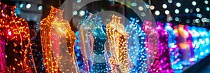 Row of sparkling LED light-embellished costumes on display, showcasing futuristic fashion with a dazzling array of vibrant