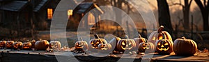 Row of Spooky Halloween carved pumpkins outside on Hallows Eve - generative AI