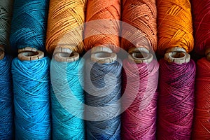 Row of Spools of Multicolored Yarn Generative AI