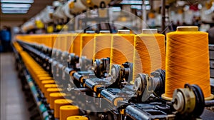 A row of spools of thread on a machine in a factory